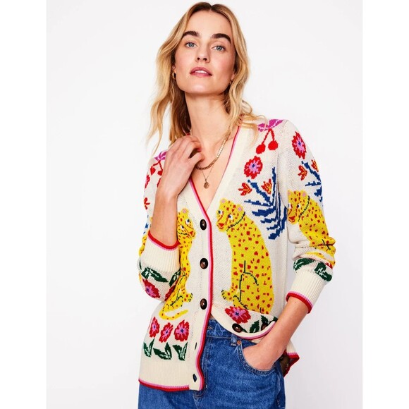 Boden Boyfriend Cardigan M Chunky Oversized Floral Cheetah Leopard Cat Print - Picture 1 of 10